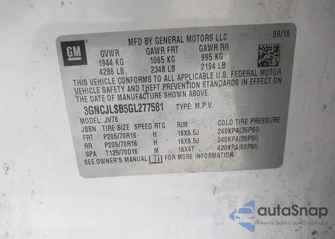 2016 Chevrolet Trax Lt from USA, damaged, VIN 3GNCJLSB5GL277581